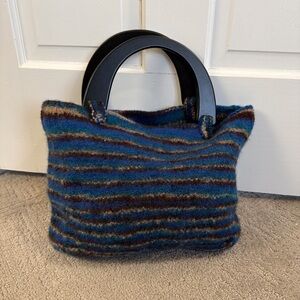 Handmade Striped Wool Tote Bag with Black wooden Handles